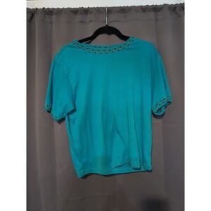 Blair Women's Blue Teal Top Large, Cottagecore Geometric Style, Short Sleeve
